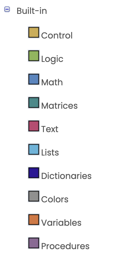 Screenshot of the built-in blocks list
